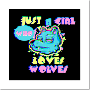 Just A Girl Who Loves Wolves Vaporwave 80s Vibe Party Wolf vaporwave Posters and Art